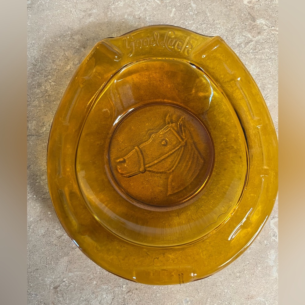 Good Luck Amber Glass horseshoe ashtray